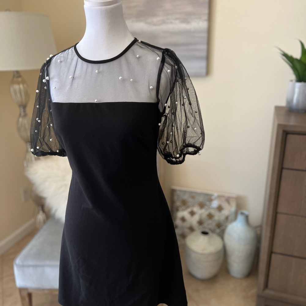 B Darlin Black Mini Dress with Sheer Pearl Sleeves
